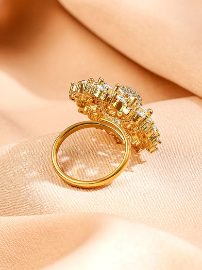 Beautiful Gold-Plated Zirconia Floral Design Adjustable Finger Ring