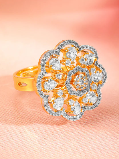 Gold-Plated Zirconia Floral Design Adjustable Finger Ring