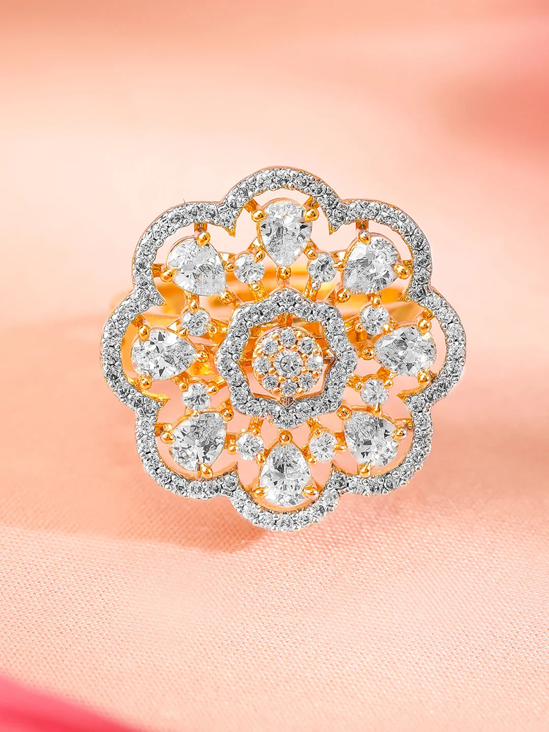 Gold-Plated Zirconia Floral Design Adjustable Finger Ring