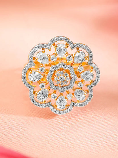 Gold-Plated Zirconia Floral Design Adjustable Finger Ring