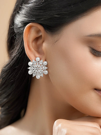 Radiant Pearl Crystal Floral Studs