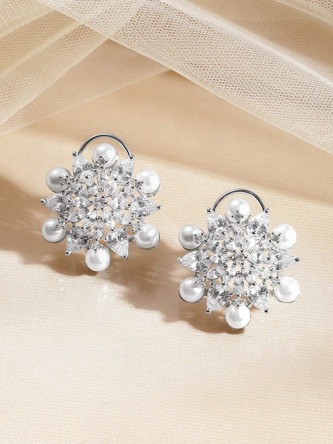 Radiant Pearl Crystal Floral Studs