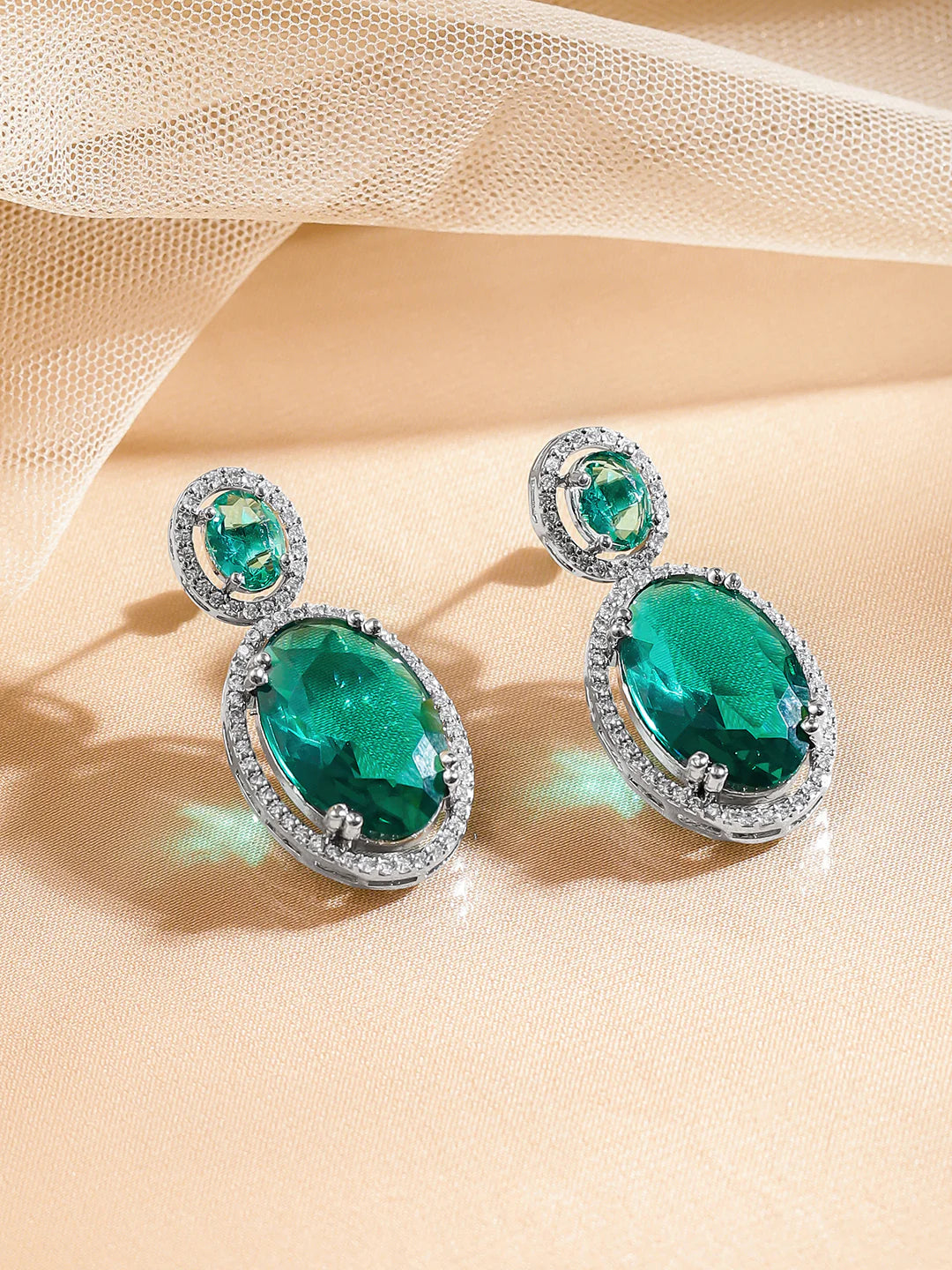 Emerald Glow Silver Drop Earrings