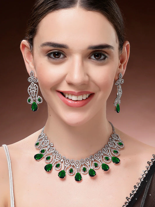 Traditional Royal Design Green American Diamond Necklace Set for Women