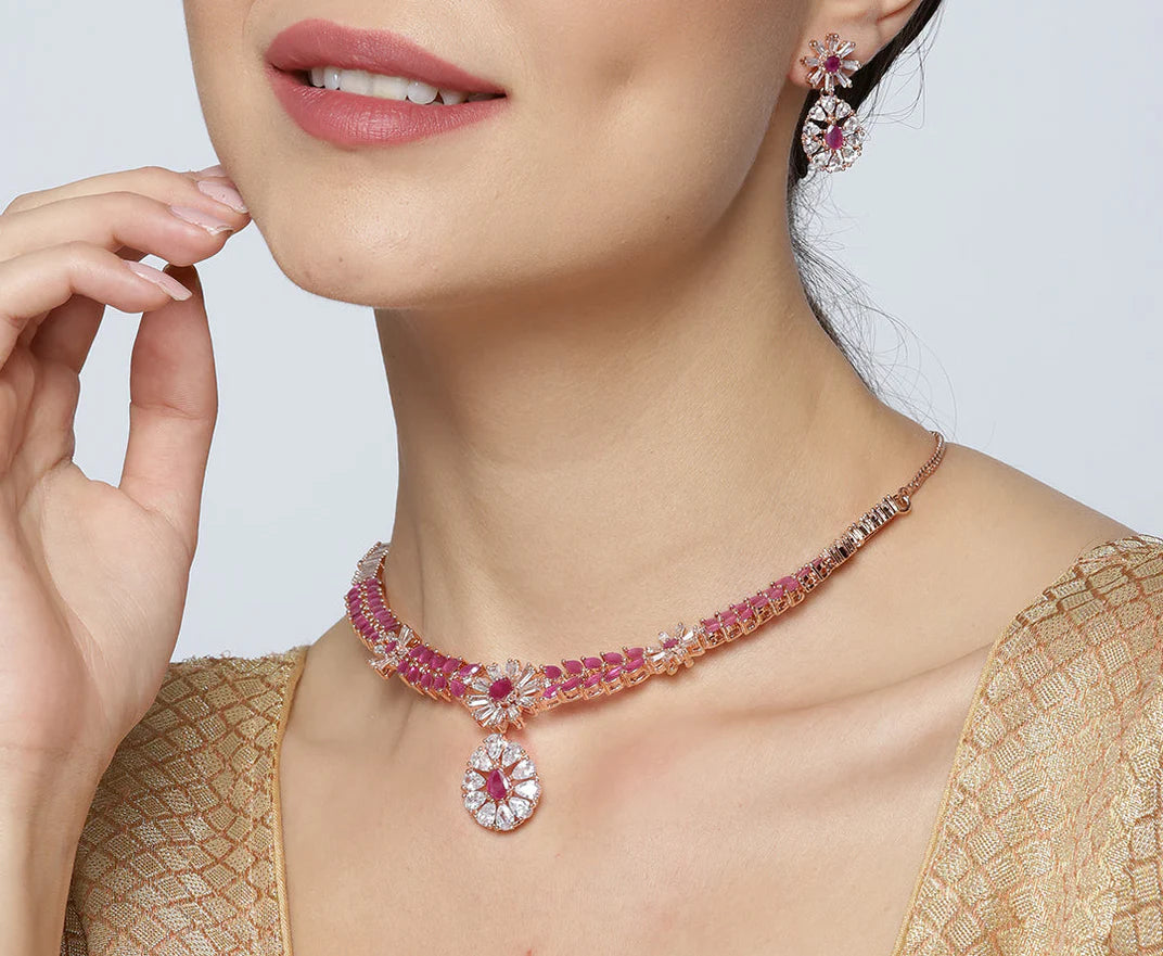 Imported Pink Ruby Gold Plated Floral Crystel Jewellery Set