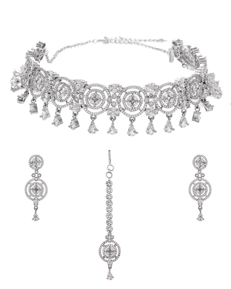 Luxury & Fashionable Oxidised Silver Tone Necklace Set with Maang tika