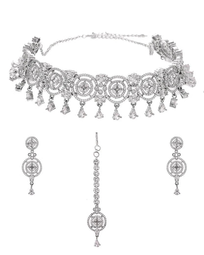 Luxury & Fashionable Oxidised Silver Tone Necklace Set with Maang tika