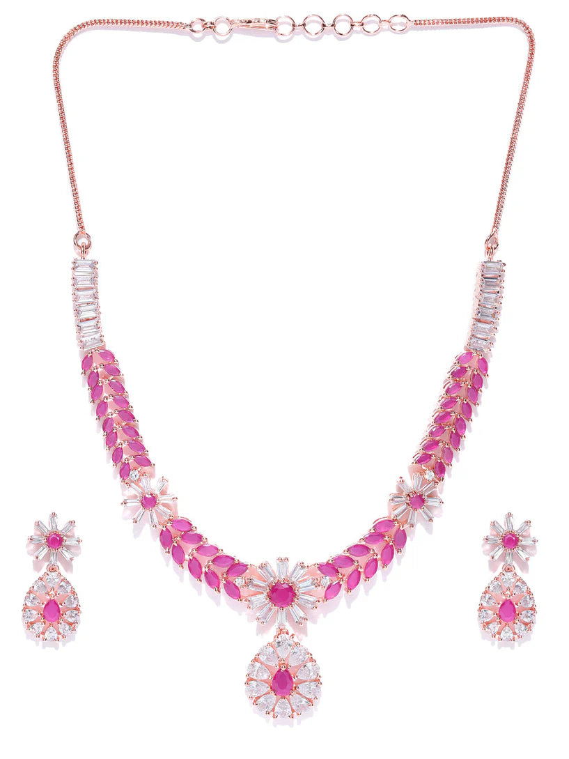 Imported Pink Ruby Gold Plated Floral Crystel Jewellery Set