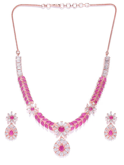 Imported Pink Ruby Gold Plated Floral Crystel Jewellery Set