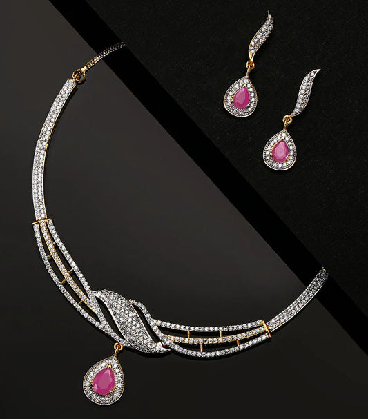 Trendy Aesthetic Pink American Diamond Gold Plated Jewellery Set