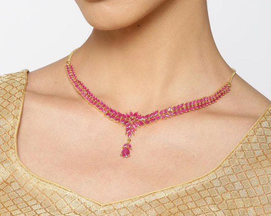 Imported Pink Ruby Gold Plated Floral Jewellery Set