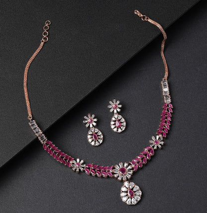 Imported Pink Ruby Gold Plated Floral Crystel Jewellery Set