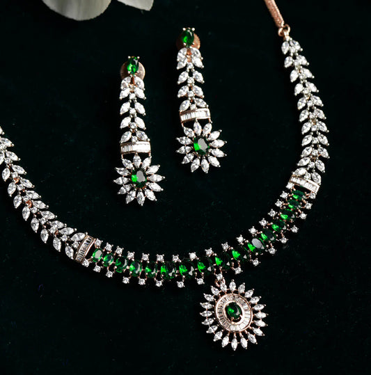 Trendy Green American Diamond Rose Gold Jewellery Set