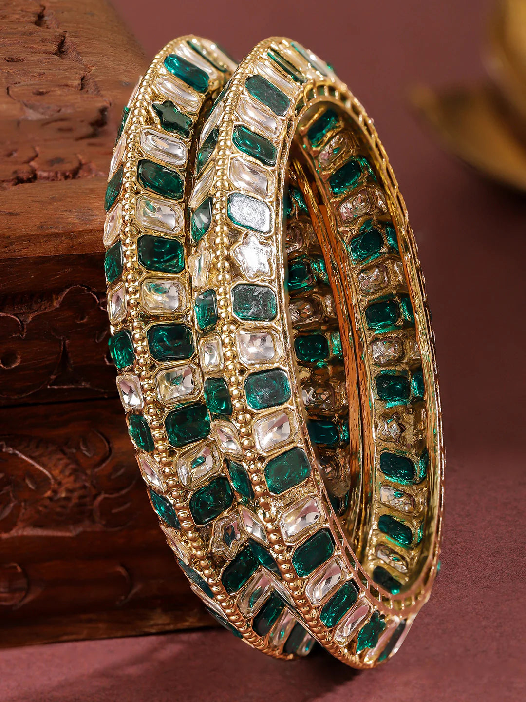 Royal Trinket Rose Gold-Plated Bangles Green Stone