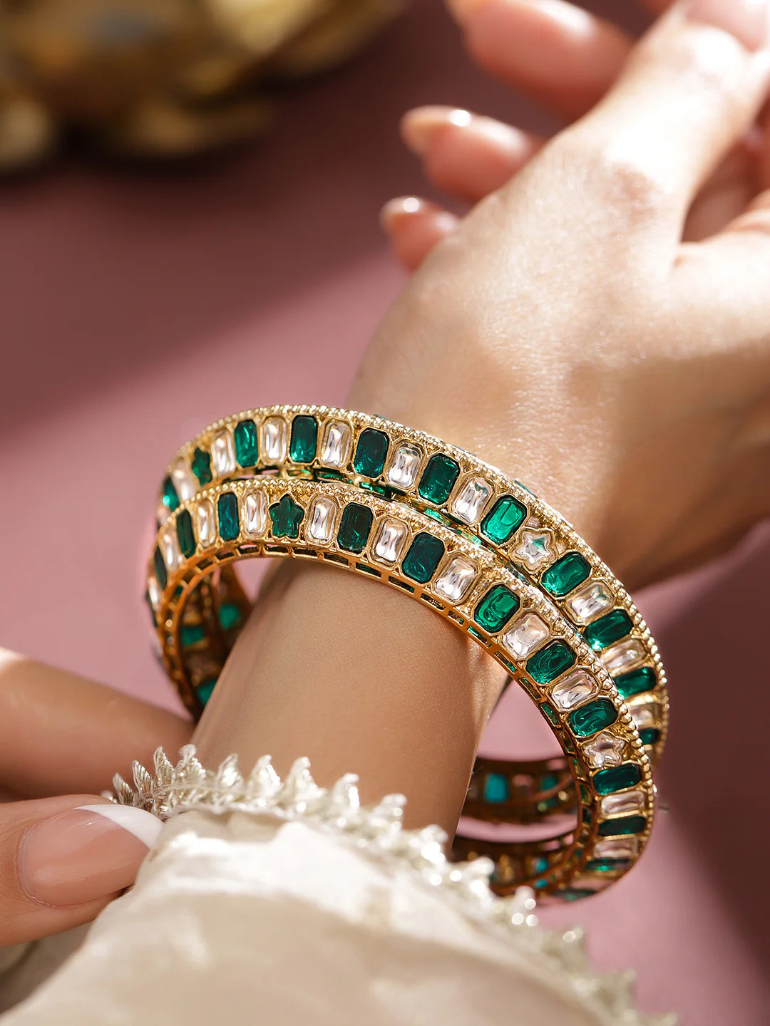 Royal Trinket Rose Gold-Plated Bangles Green Stone