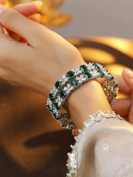 Elegant Silver Design American Diamond Studded Bracelet Green & White